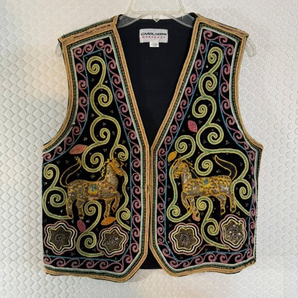 Vtg Carol Horn Workshop Embroidered, Beaded, & Sequin Vest on Black Velvet NWOT - Picture 9 of 11
